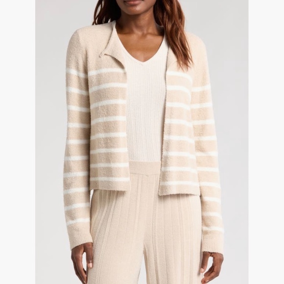 Barefoot Dreams CozyChic Lite Striped Cardigan Stone/Pearl SZ XL - Picture 2 of 16